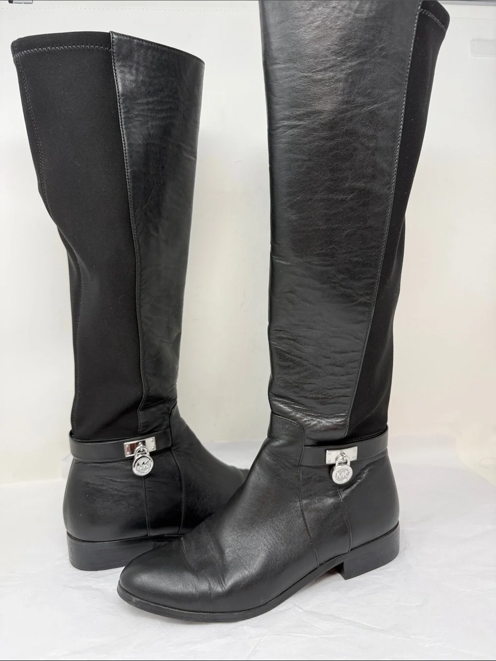 Michael Michael Kors Hamilton Black Leather Tall Riding Boots MK Logo Lock 7